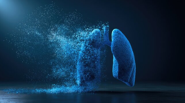 Lungs dissolving into particulate matter against a dark background