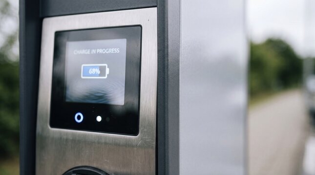 Close-up of an electric vehicle charging station displaying a battery charge level of 47%. The station is metallic and modern, set against a blurred outdoor background.