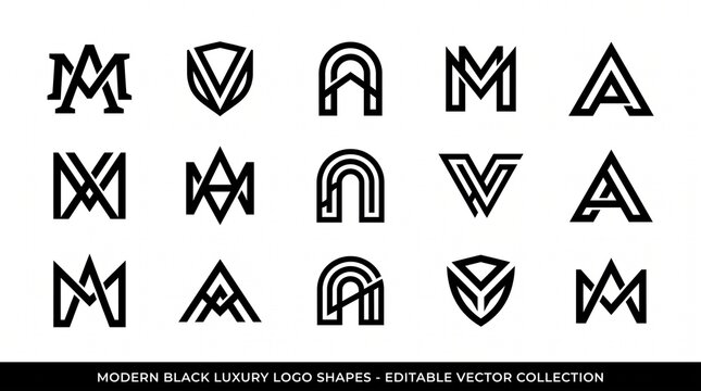 Set of modern black luxury monogram logo shapes featuring geometric alphabet a and m letters arranged in a minimalist vector collection for branding design