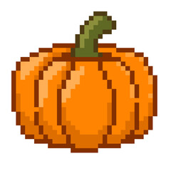 Fototapeta premium Cute pixel art pumpkin with green stem for retro games and Halloween