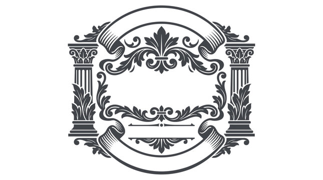 Vintage ornamental emblem frame design with Corinthian columns and decorative flourishes, ideal for labels or certificates