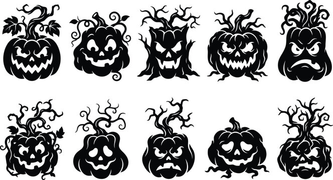 Set of ten scary black silhouette pumpkin icons with spooky faces for halloween design projects