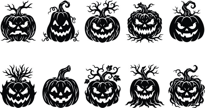 Set of ten scary halloween pumpkin jack o lantern faces with creepy branches as stems for design