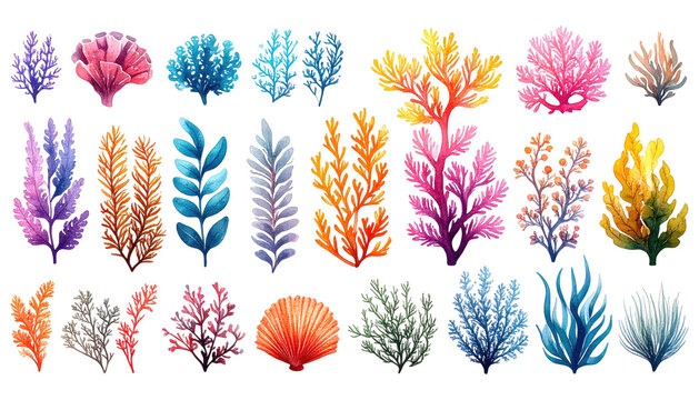 Watercolor ocean coral in various colors, outlined on a black backdrop