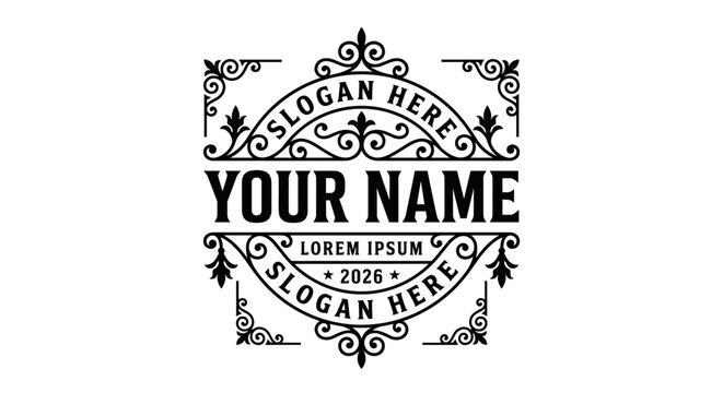 Black and white vintage label design with text placeholder for name and slogan, ornate decorative border, old-fashioned emblem, retro frame element for branding
