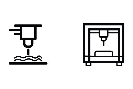 Set of 3d printer icons linear style symbols of additive manufacturing technology, 3d printing process, and equipment for rapid prototyping vector illustration