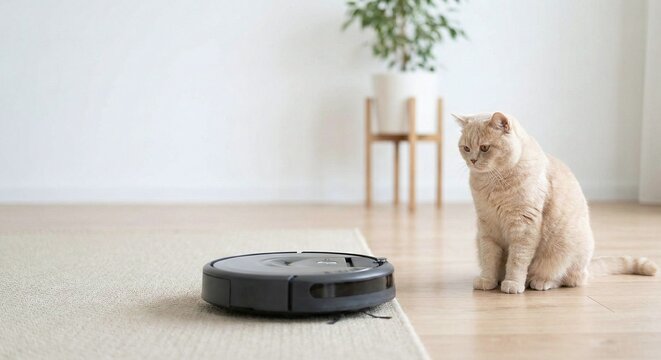 Cat watching robot vacuum cleaner on floor