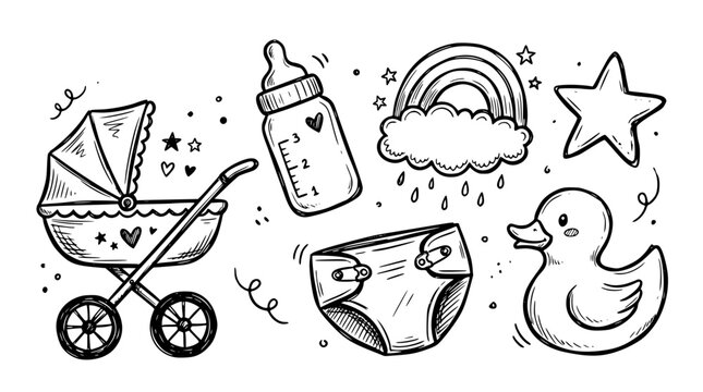 Hand drawn baby shower elements pram bottle diaper duck star cloud rainbow, black ink sketch vector illustration
