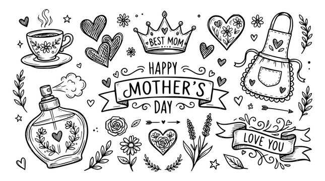 Hand drawn mothers day elements flower apron heart crown perfume teacup ribbon, black ink sketch vector illustration
