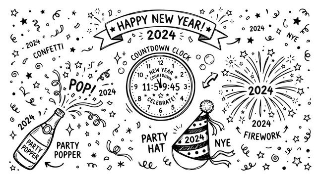 Hand drawn new year celebration elements firework countdown clock party hat popper confetti, black ink sketch vector illustration
