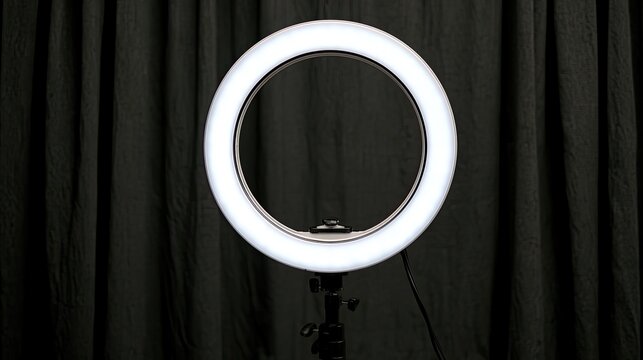 A brightly lit circular lamp on a stand, against a dark fabric background