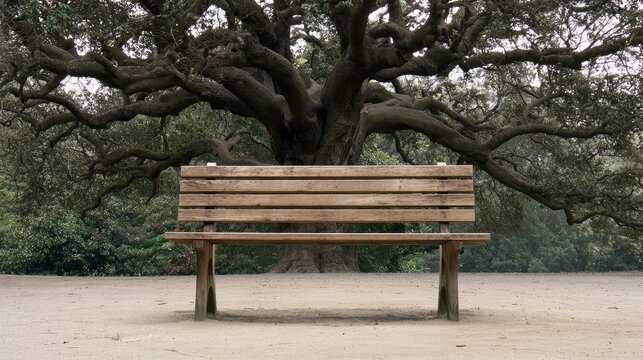 An empty wooden bench sits before a grand, ancient, sprawling tree