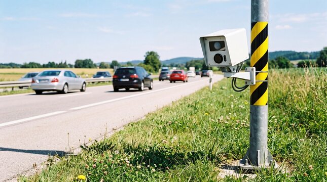 Traffic scene with multiple cars on a highway. A speed camera is mounted on a pole beside the road. Green grass and hills are visible in the background.