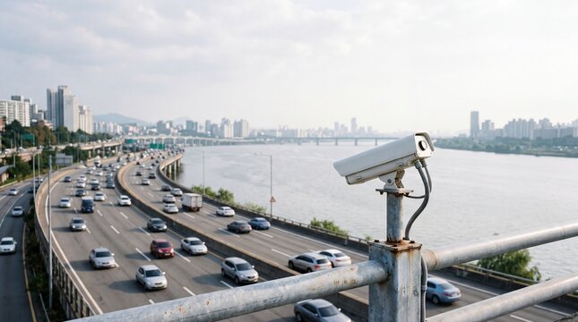 A surveillance camera overlooks a busy highway with numerous cars. The scene includes a river and a city skyline in the background under a cloudy sky.