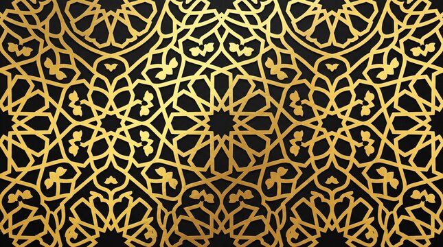 Elegant seamless islamic geometric pattern featuring intricate golden arabesque lines on a deep black background for luxurious decorative design projects