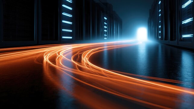 Futuristic data center with glowing orange light trails to bright portal