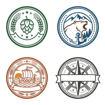 Set of four distinct pixel art emblems featuring a hop and wheat design, a roaring bear with mountains and an anchor, a Viking ship at sea, and a compass rose with wheat, ideal for rustic or vintage