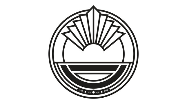 Black and white circular logo outline with sun rays and abstract lines, suitable for branding and symbols
