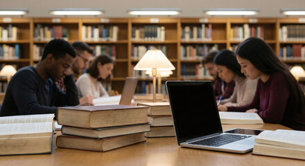 Fototapeta premium Students studying together in library showing women support