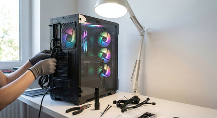 Naklejka premium Person connecting cables to gaming PC in room