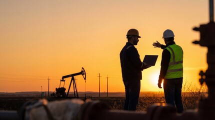 Fototapeta premium Workers inspect drill manufactory at sunset with laptop