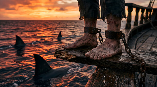 Shackled feet of a prisoner standing on a wooden plank over shark-infested waters during a dramatic sunset on a pirate ship