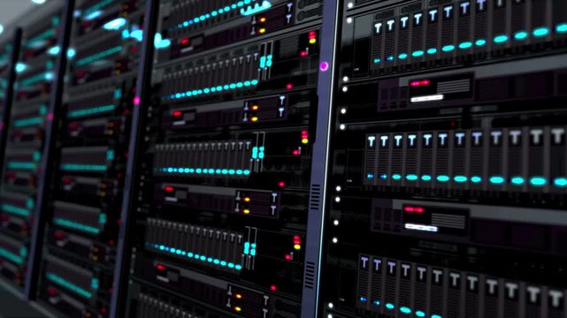 Rows of servers glow with blue and red lights. Cooling fans hum softly in the darkened room. Digital data streams pulse through the racks. Technology thrives behind silent glass panels. modern datacen