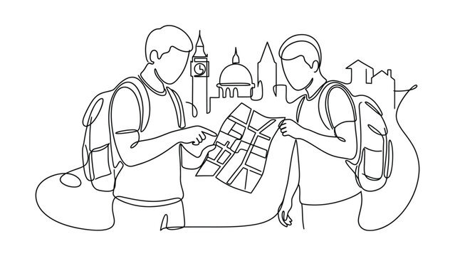 Continuous line drawing of two young male travelers with backpacks looking at a city map