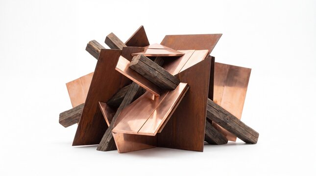 Architectural sculpture of interlocking wood and copper shards on white background