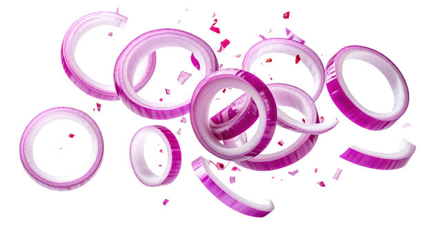 Sliced purple onion rings levitate on a black background