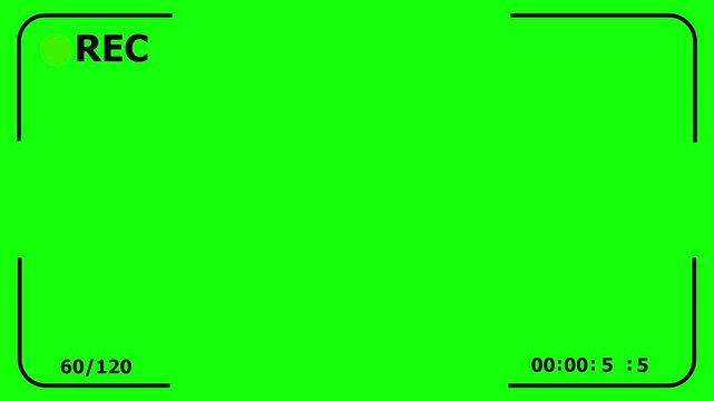 Camera viewfinder frame overlay on green screen. Professional camera viewfinder overlay for video recording. Digital camera recording frame HUD overlay.