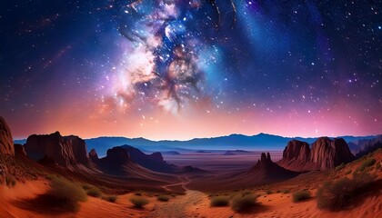 Obraz premium A Breathtaking Panorama Of The Milky Way Arches Over A Rugged Desert Landscape With Distant Mountains Silhouetted Against The Starry Sky