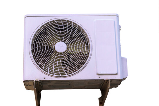 White outdoor air conditioning unit mounted on a wall for residential climate control cooling systems