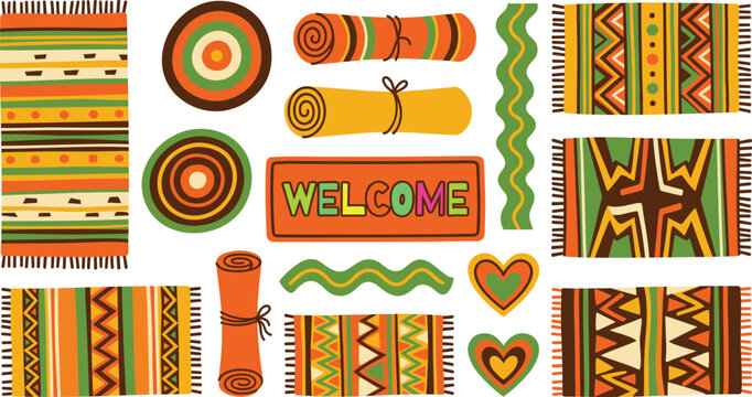 Boho style home rugs, welcome doormat, ethnic textured carpets vector illustration set, isolated on white background
