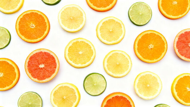 Top-down flat lay of sliced citrus fruits on white background