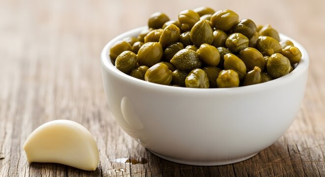 Fresh green capers in a white bowl with a garlic clove on wood