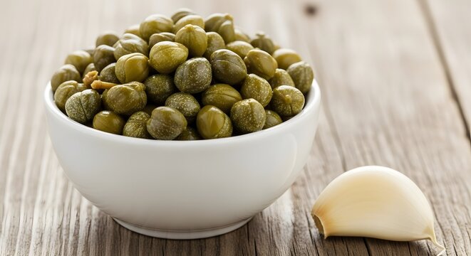 Fresh green capers in a white bowl with garlic on wood