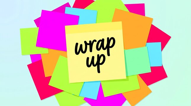 A bright yellow sticky note features the text wrap up on a pile of papers