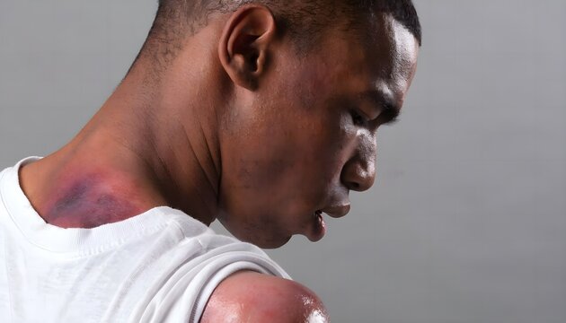 ⁠Sports injury concept featuring acute shoulder dislocation and painful joint deformity on male athlete body. Trauma medicine background.⁠