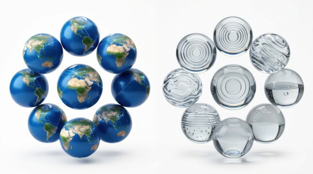 Group of blue planet earth globes and transparent glass spheres arranged in a floral pattern on a simple background