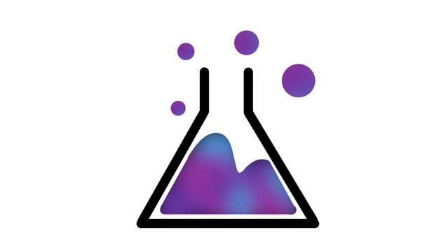 Minimalist chemical flask icon with bubbling purple and blue liquid, representing science, experimentation, and research.