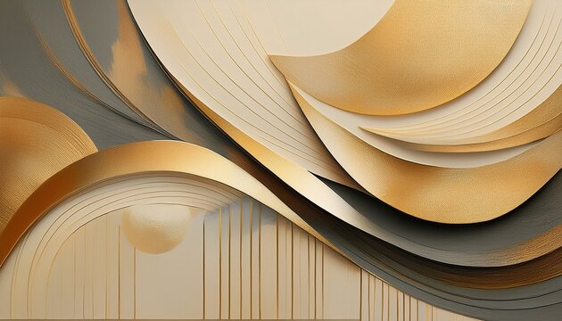 Abstract Artwork With Textured Layered Shapes In Gold And Beige