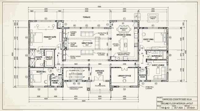 Architectural floor plan of a modern residential villa with multiple rooms and dimensions