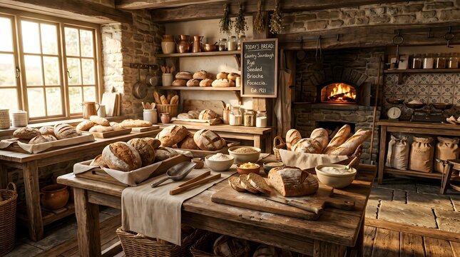 Rustic Countryside Bakery Featuring Freshly Baked Artisanal Bread and Pastries