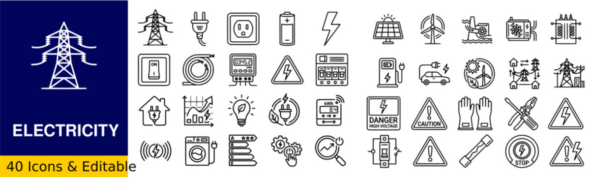 Electricity Web Icons in Line Style. Power, Energy, Electricity, Voltage, Current, Power Grid, Renewable Energy, Charging Collection. Editable Stroke. Vector.
