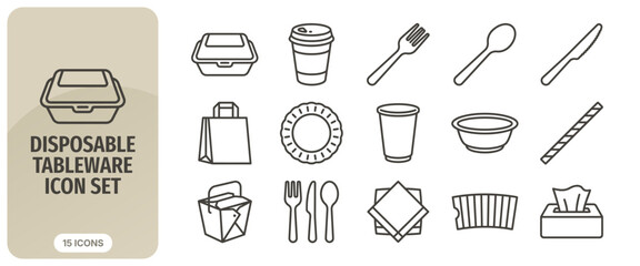 Disposable tableware icon set, food packaging and cutlery vector line icons © Abir Creative Studio