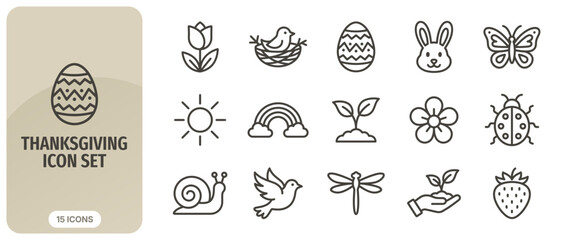 Spring and easter icon set, thin line style, vector illustration of seasonal symbols like rabbit, egg, flower, butterfly, ladybug, and nature elements © Abir Creative Studio