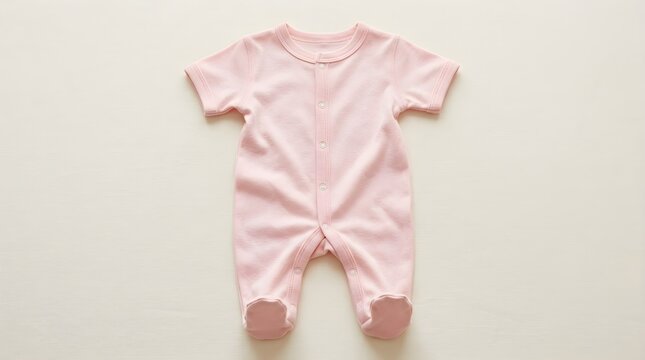 Soft pink cotton baby romper with short sleeves and footed design on neutral background for infant fashion apparel