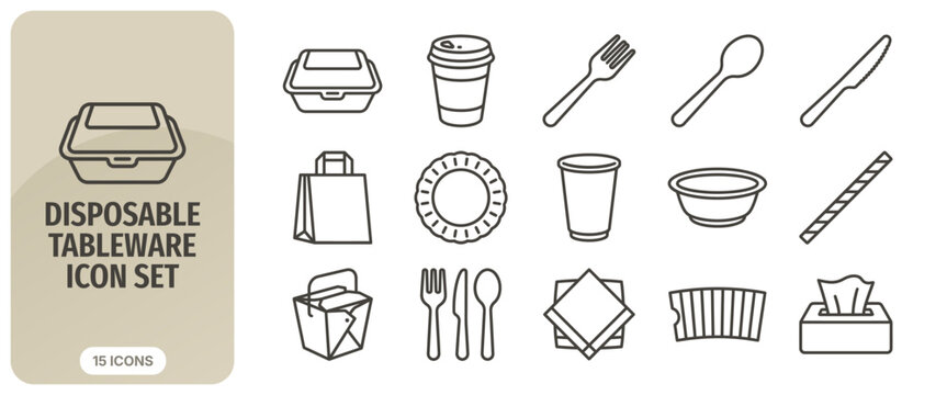 Disposable tableware icon set, food packaging and cutlery vector line icons