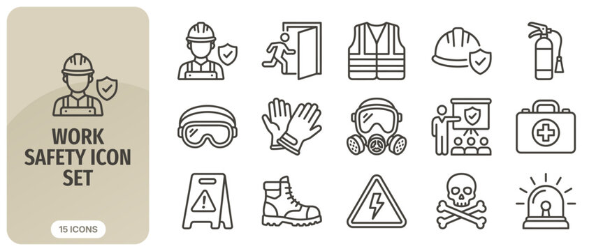 Work safety icon set collection of thin line icons for industrial safety, personal protective equipment, hazard warning, and emergency procedures